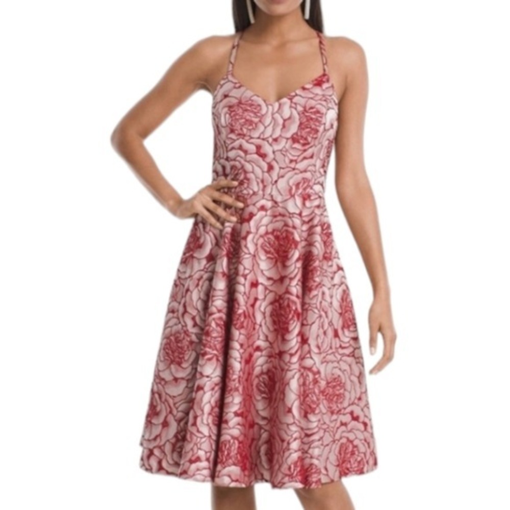 White House Black Market Pink Floral Rose Jacquard Fit & Flare Party Dress Sz 4